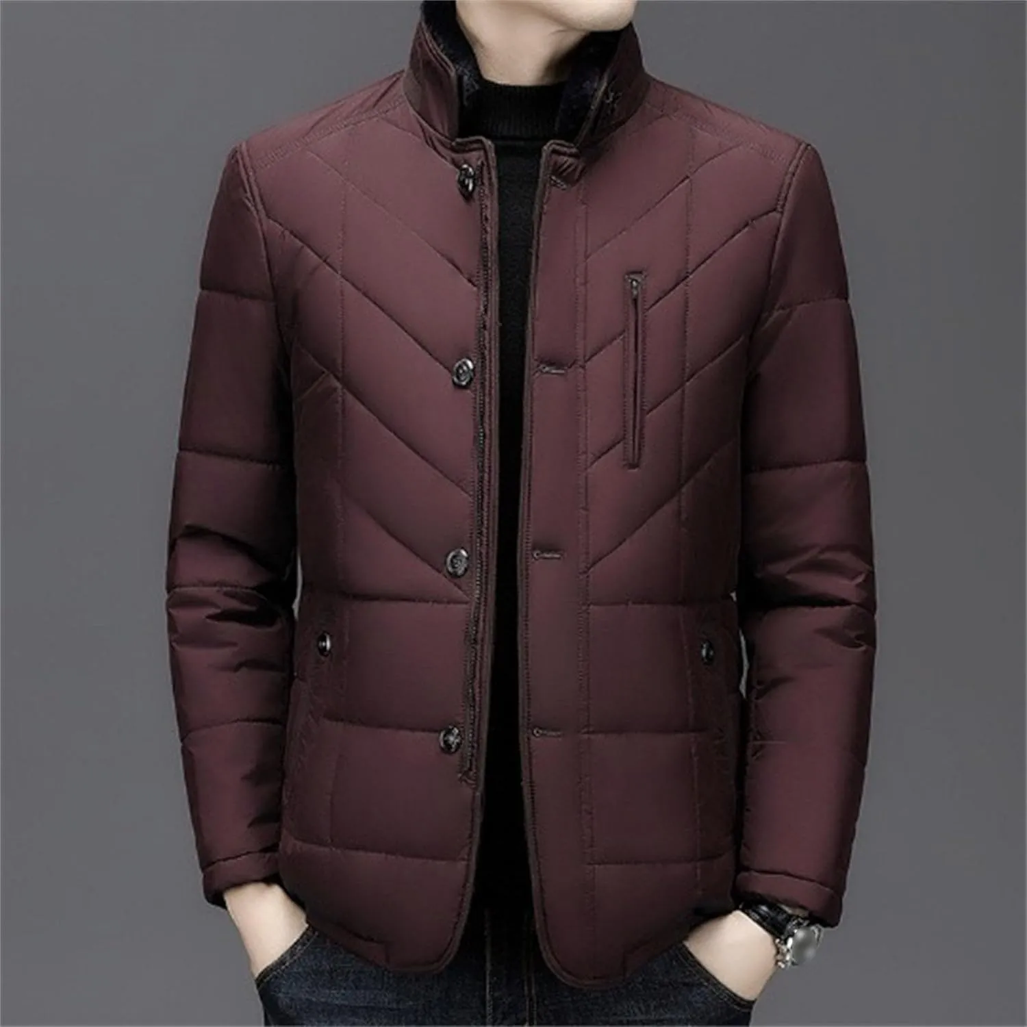 Mens Warm Silk Filled Jacket Classic Thickened Cotton Padded Jackets Fall Business Casual Winter Coat