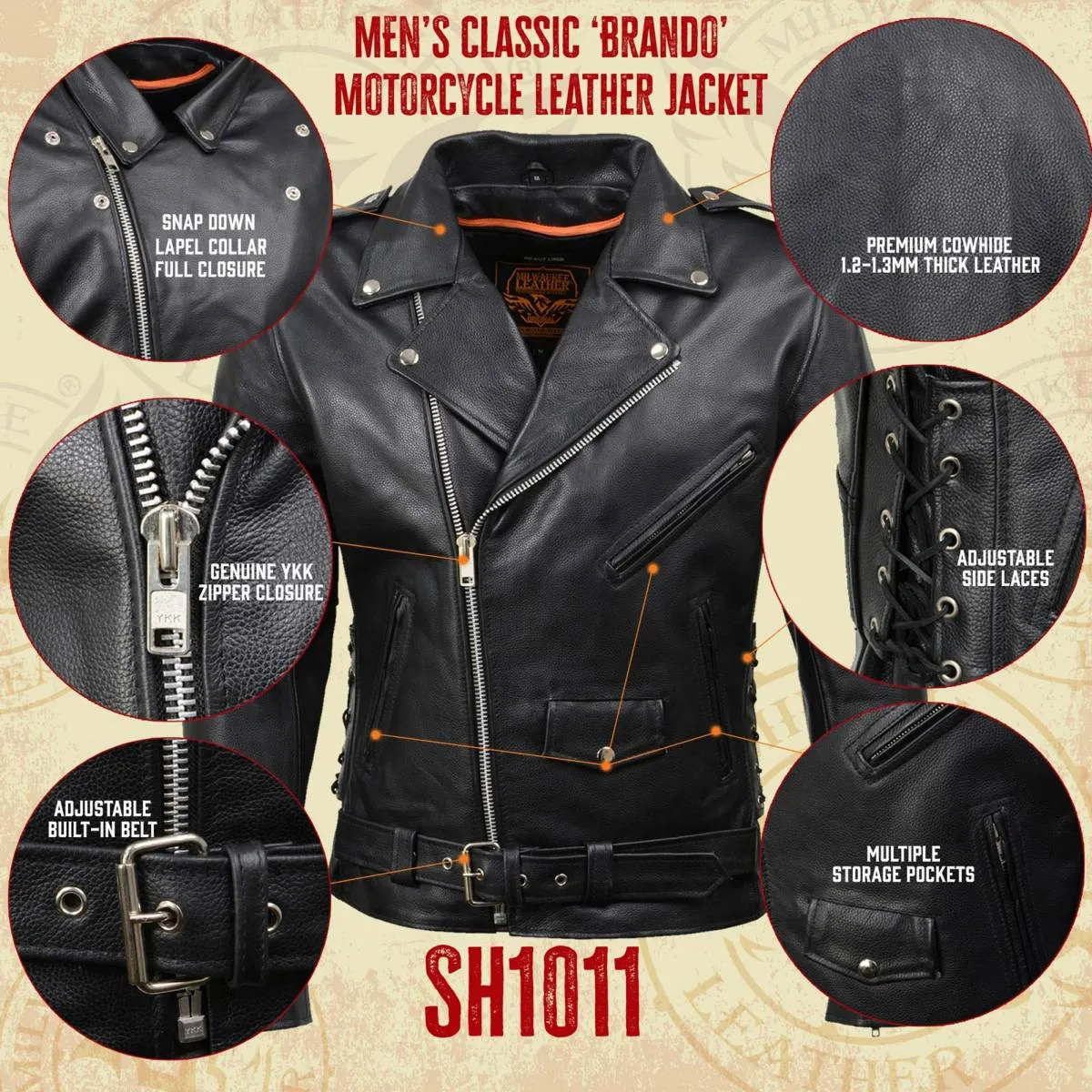Milwaukee Leather SH1011 Black Classic Brando Motorcycle Jacket for