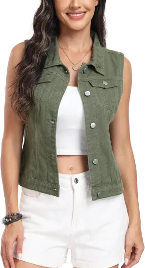 MISS MOLY Women's Denim Vest Cropped Classic Sleeveless Jean Vest Jackets With Flap Pockets