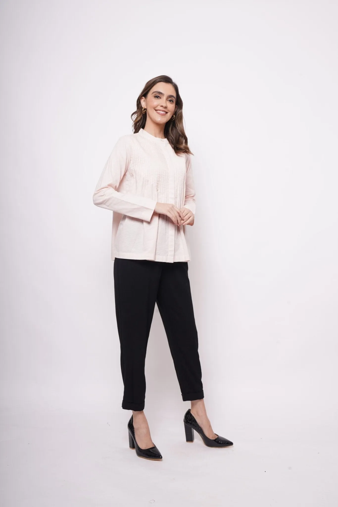 Office Wear Pin Tuck Linen Pink Shirt