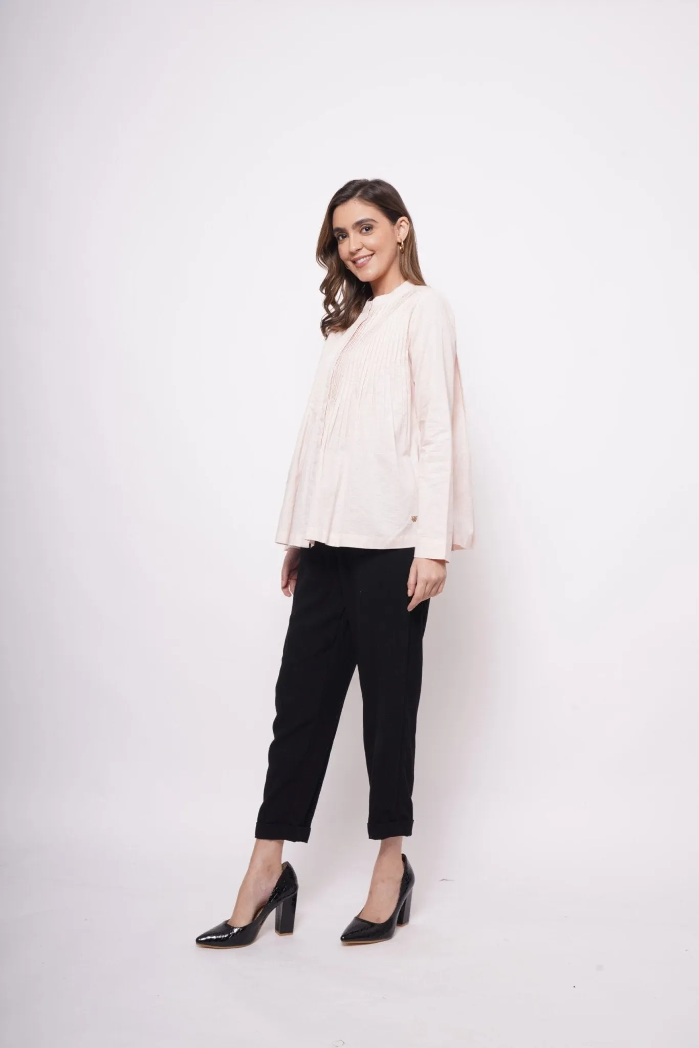 Office Wear Pin Tuck Linen Pink Shirt