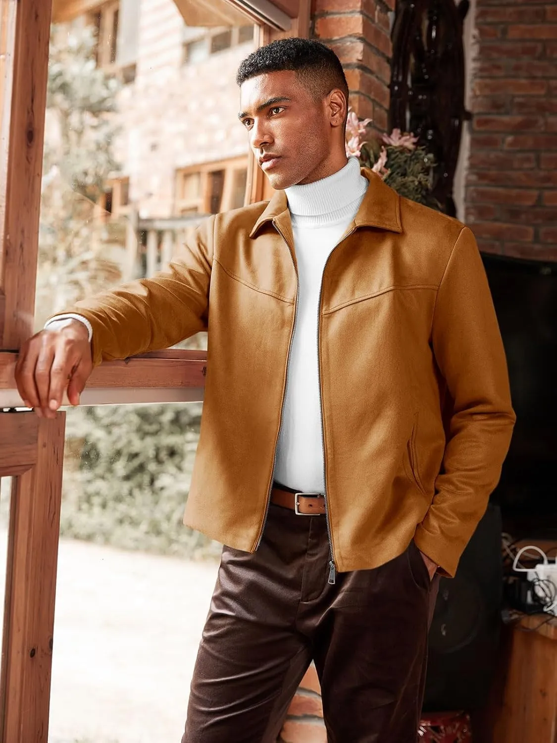 Runcati Men's Suede Jacket Full Zip Casual Vintage Jackets Lightweight Classic Trucker Coat