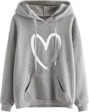 SweatyRocks Women's Casual Heart Print Long Sleeve Pullover Hoodie Sweatshirt Tops