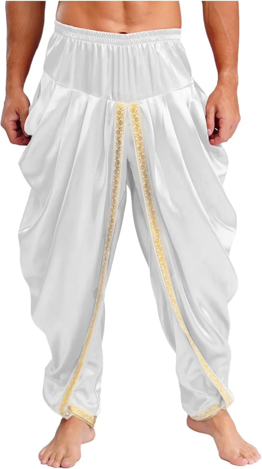TiaoBug Men's Satin Harem Pants Elastic Waistband Wide Leg Yoga Trousers Hippie