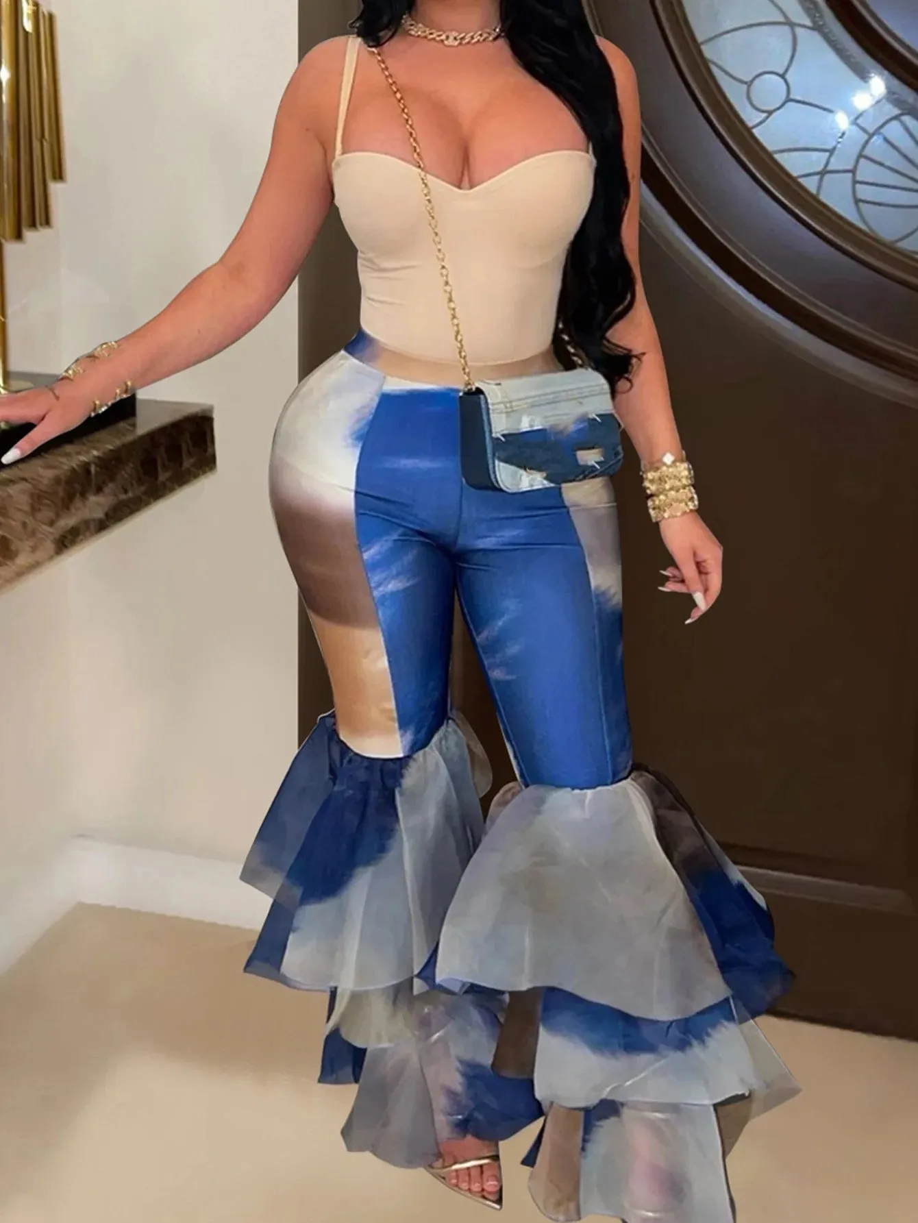 Trendy Ruffled Mesh Patchwork Pants
