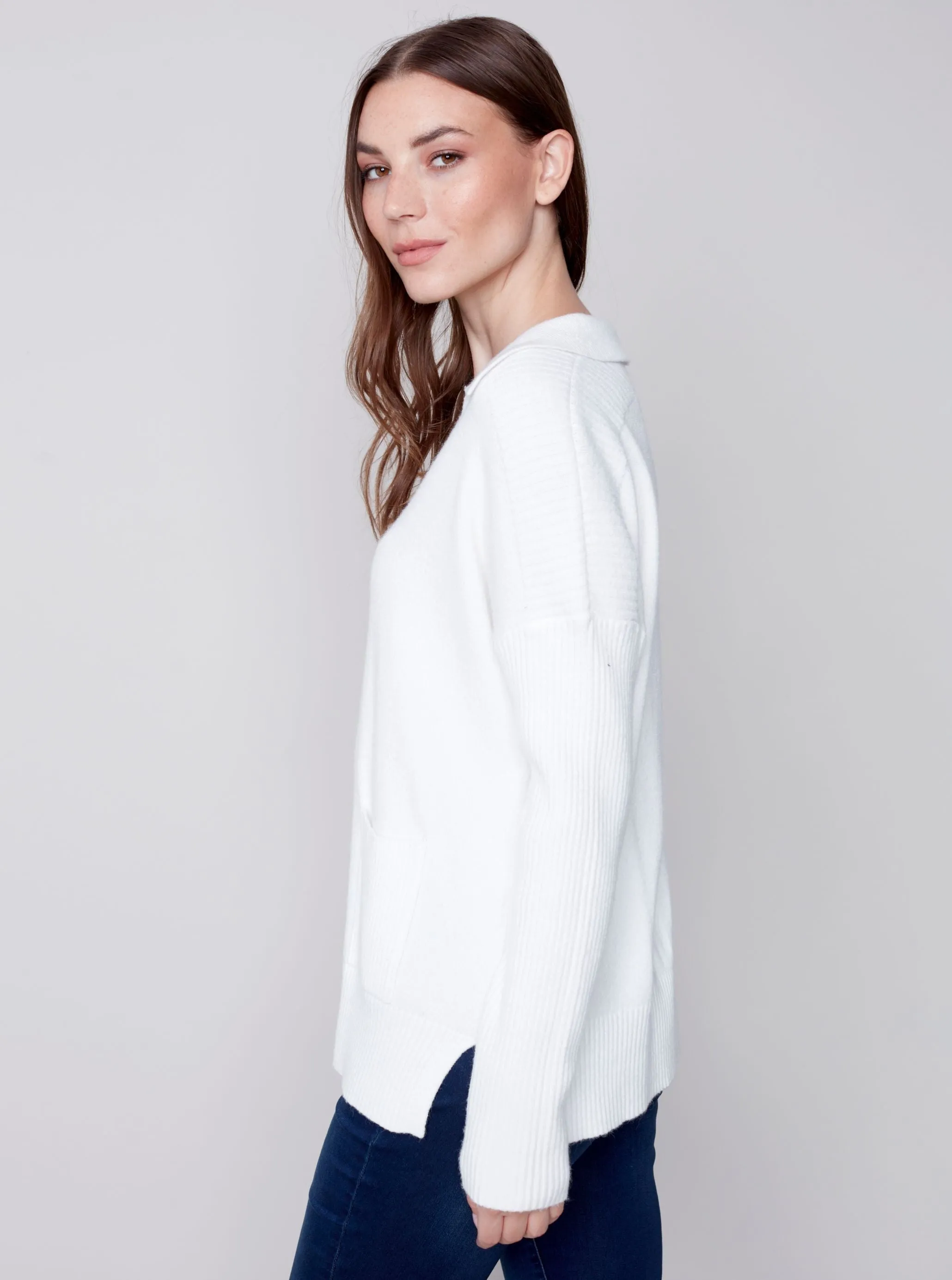 V Neck Long Sleeve Sweater [Cream-C2547]