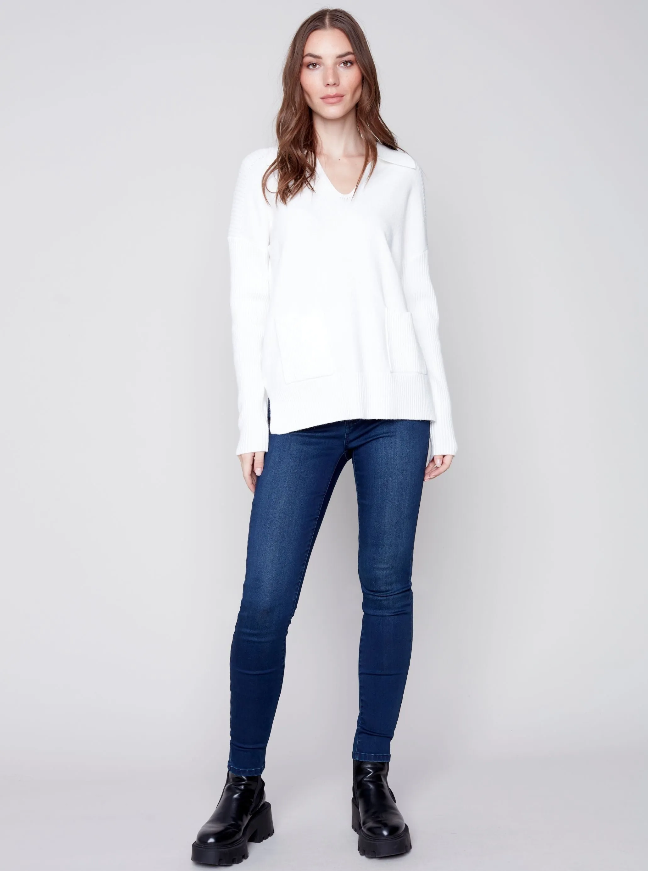 V Neck Long Sleeve Sweater [Cream-C2547]