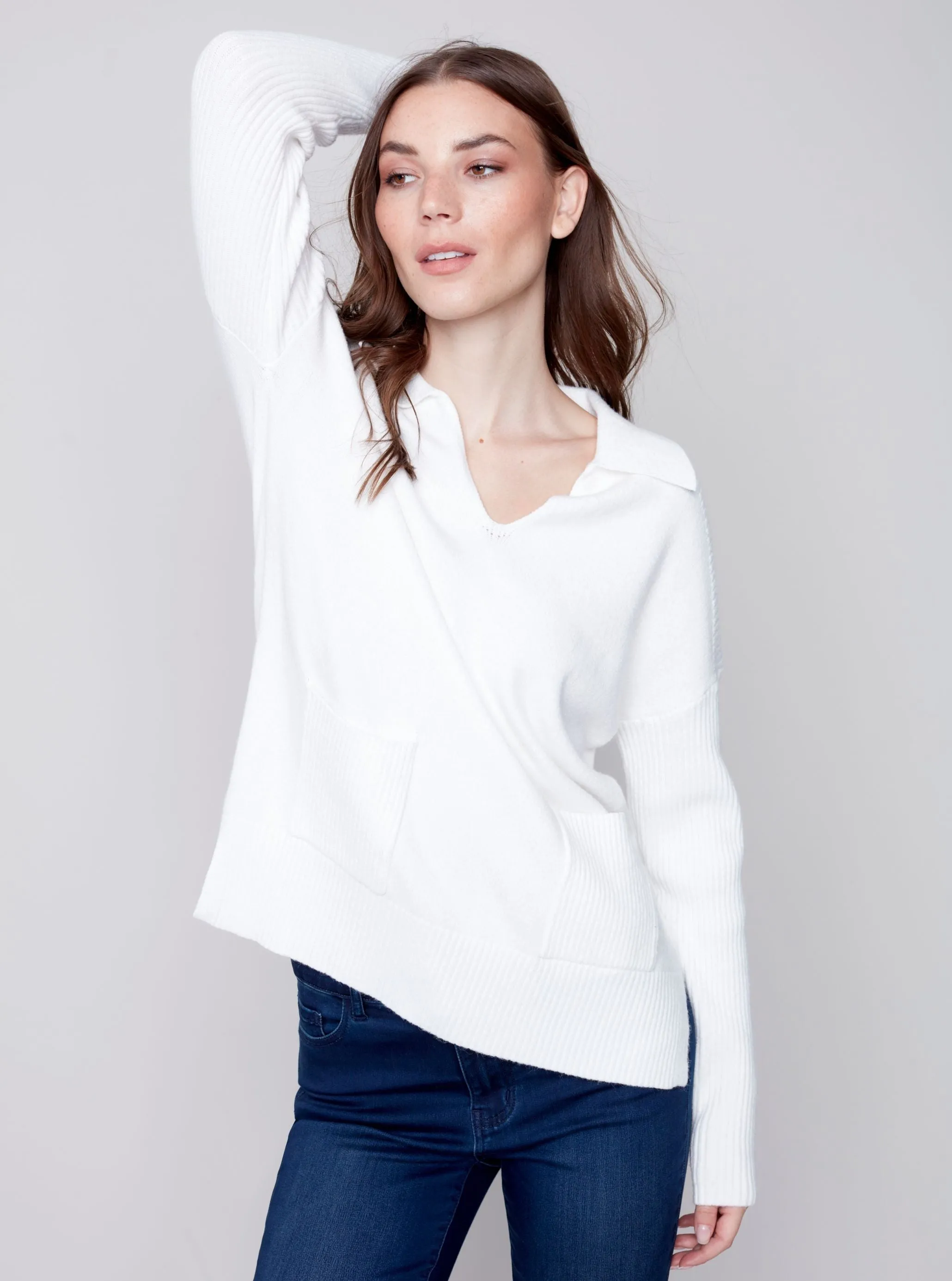 V Neck Long Sleeve Sweater [Cream-C2547]