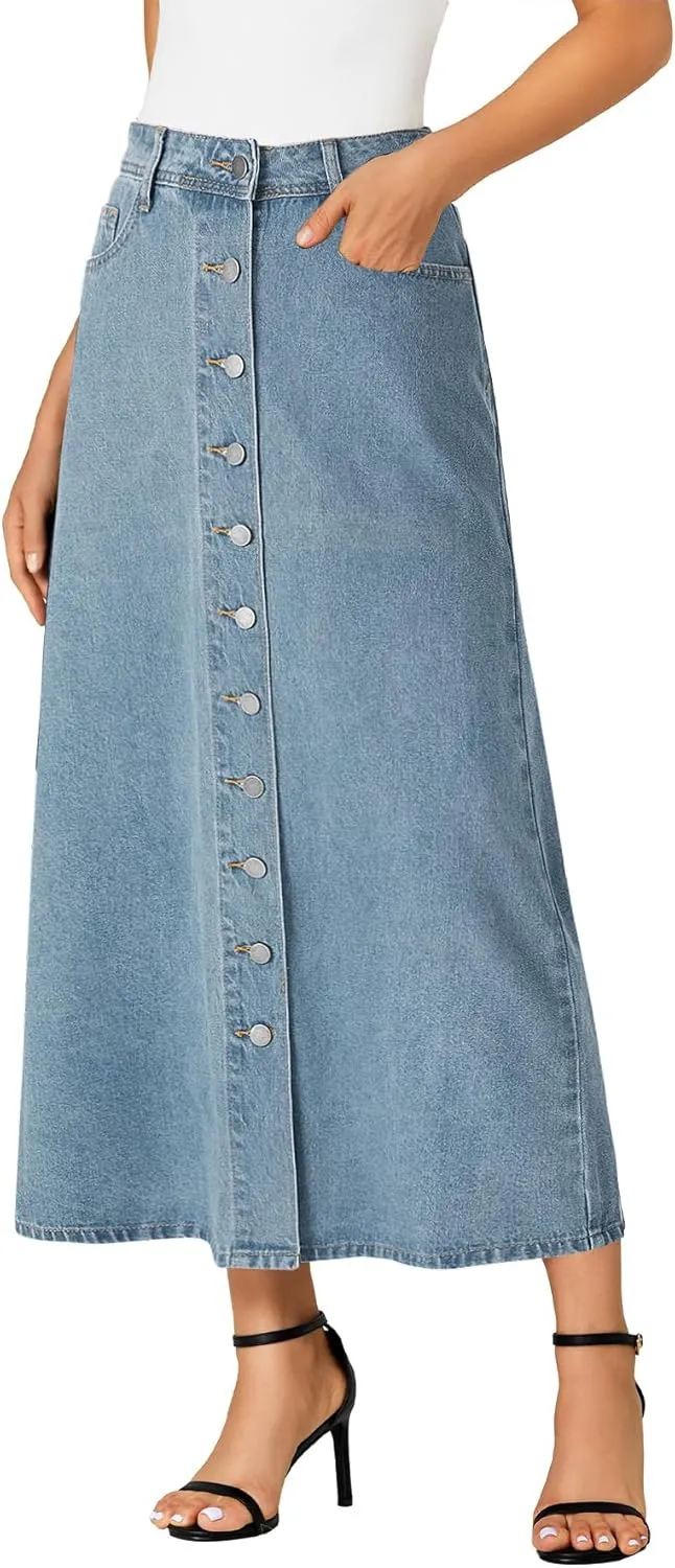 Vrtige Women's Casual Button Down High Waisted A Line Jean Midi Long Denim Skirt with Pockets