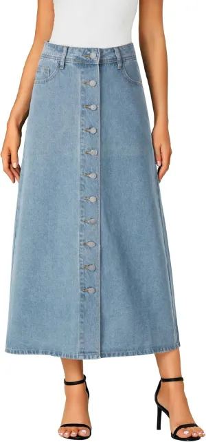 Vrtige Women's Casual Button Down High Waisted A Line Jean Midi Long Denim Skirt with Pockets