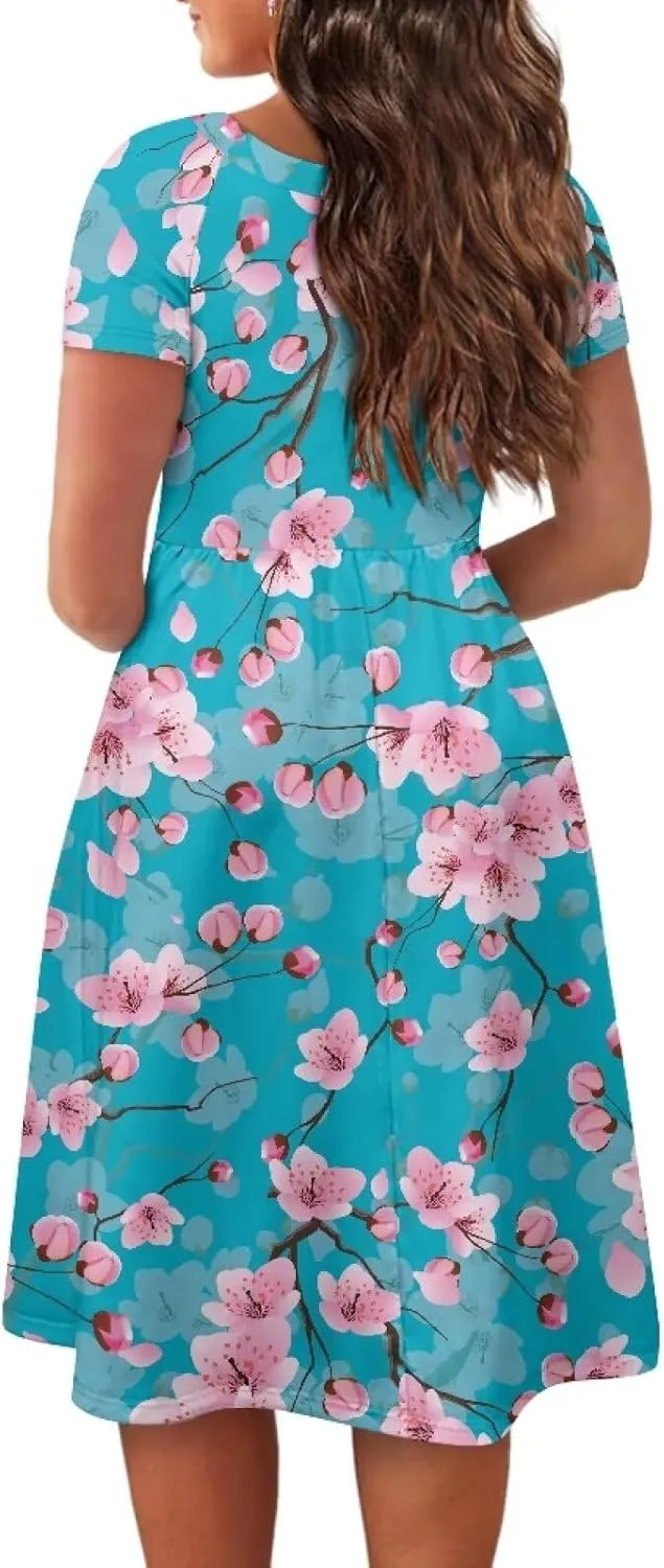 Women 2024 Casual Summer Dresses Spring Short Sleeve Casual Loose Swing Beach Sundress