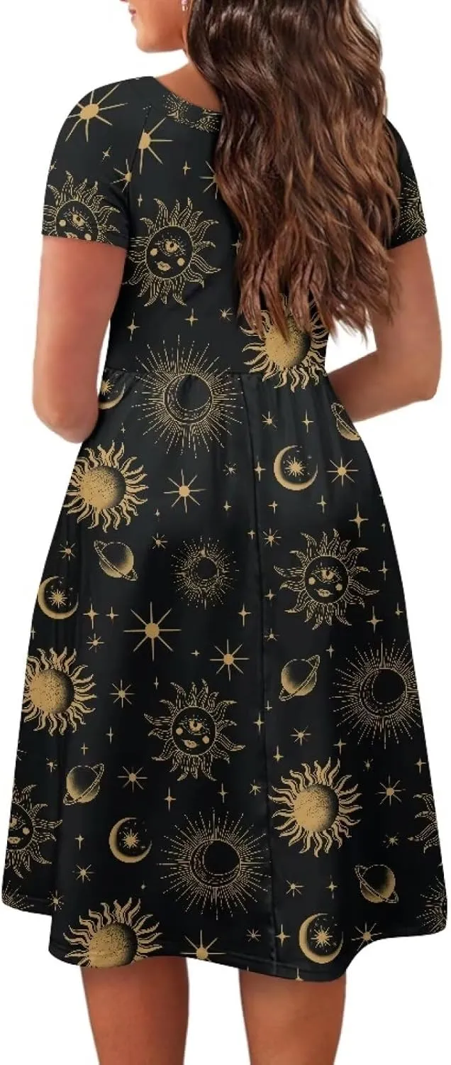 Women 2024 Casual Summer Dresses Spring Short Sleeve Casual Loose Swing Beach Sundress