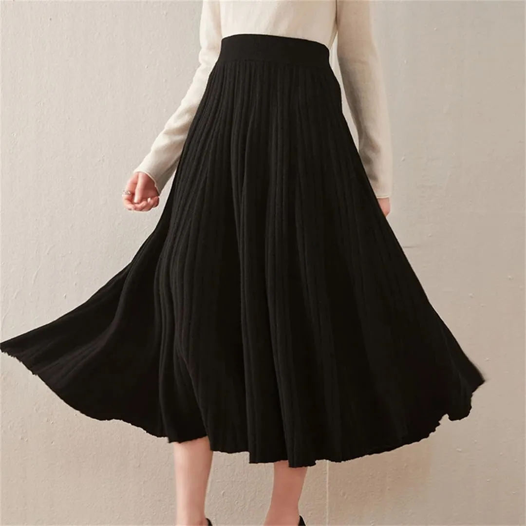 Women Cashmere Half Length Skirt Autumn and Winter Medium Ength High Waisted Pleated Large Swingskirt Knittedskirt