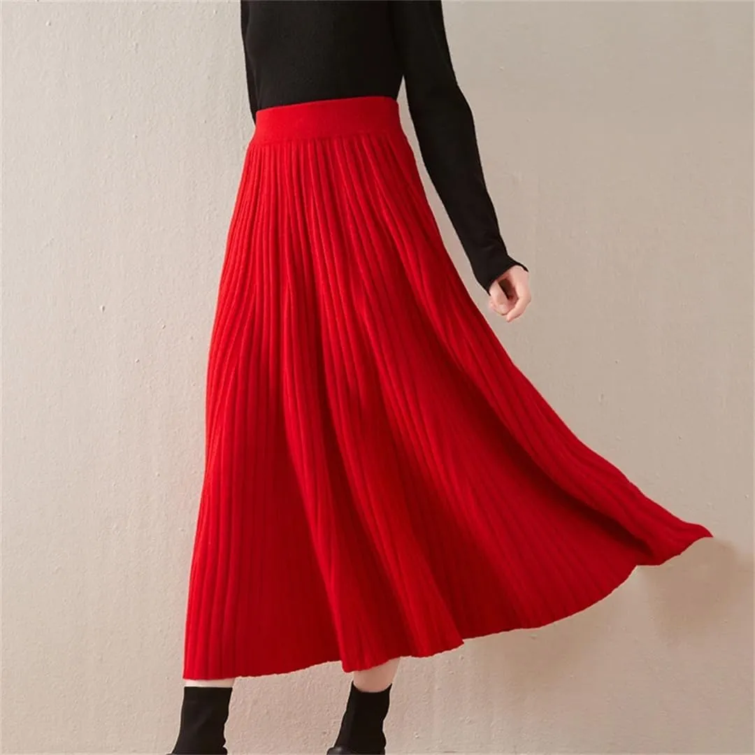 Women Cashmere Half Length Skirt Autumn and Winter Medium Ength High Waisted Pleated Large Swingskirt Knittedskirt