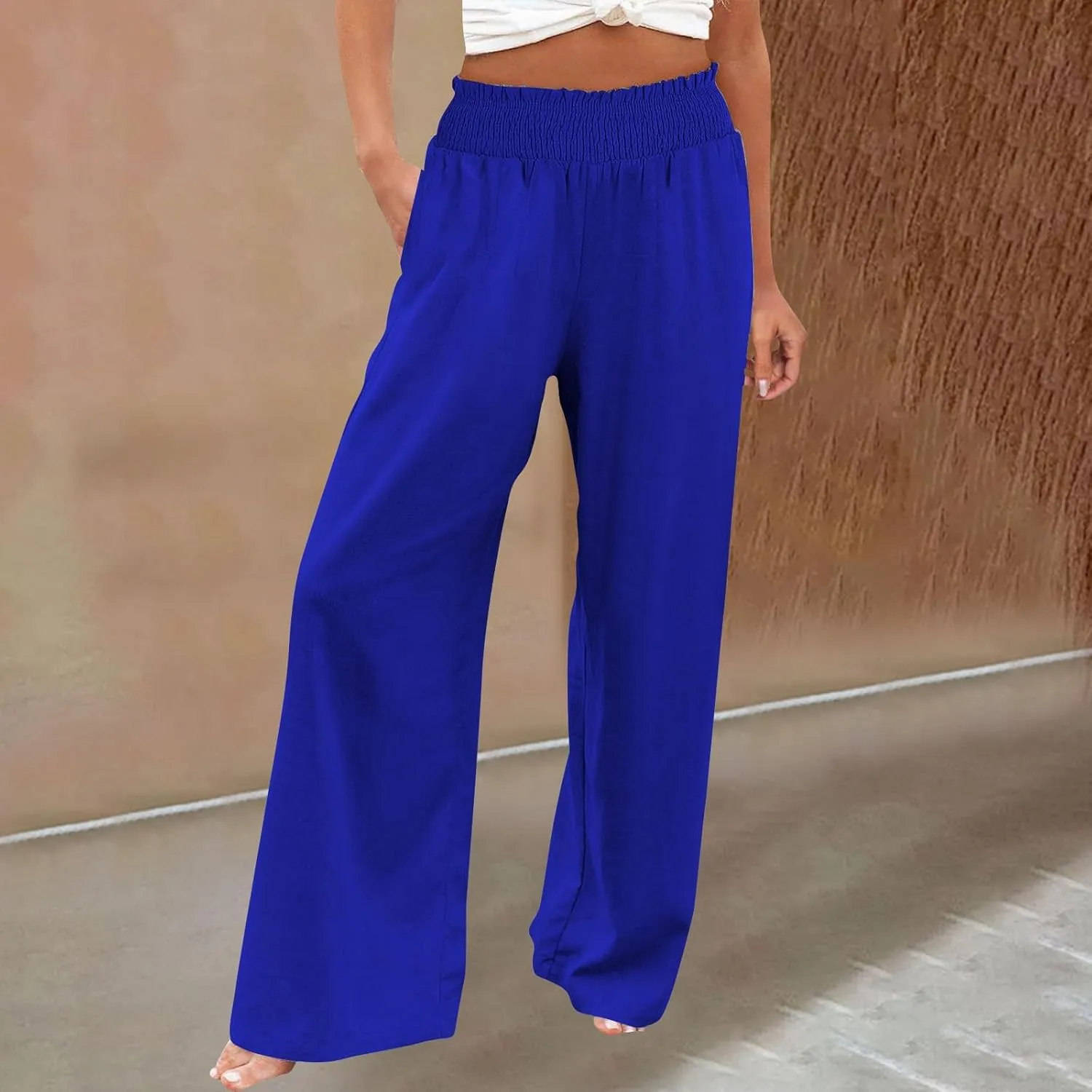 Women Casual Linen Palazzo Pants Fashion Pleated Stretch Waisted Boho Flowy Trousers Outdoor Sports Casual Sweatpants