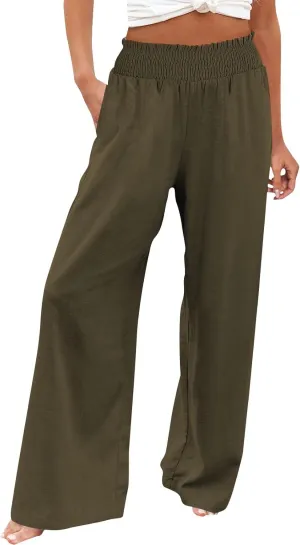 Women Casual Linen Palazzo Pants Fashion Pleated Stretch Waisted Boho Flowy Trousers Outdoor Sports Casual Sweatpants