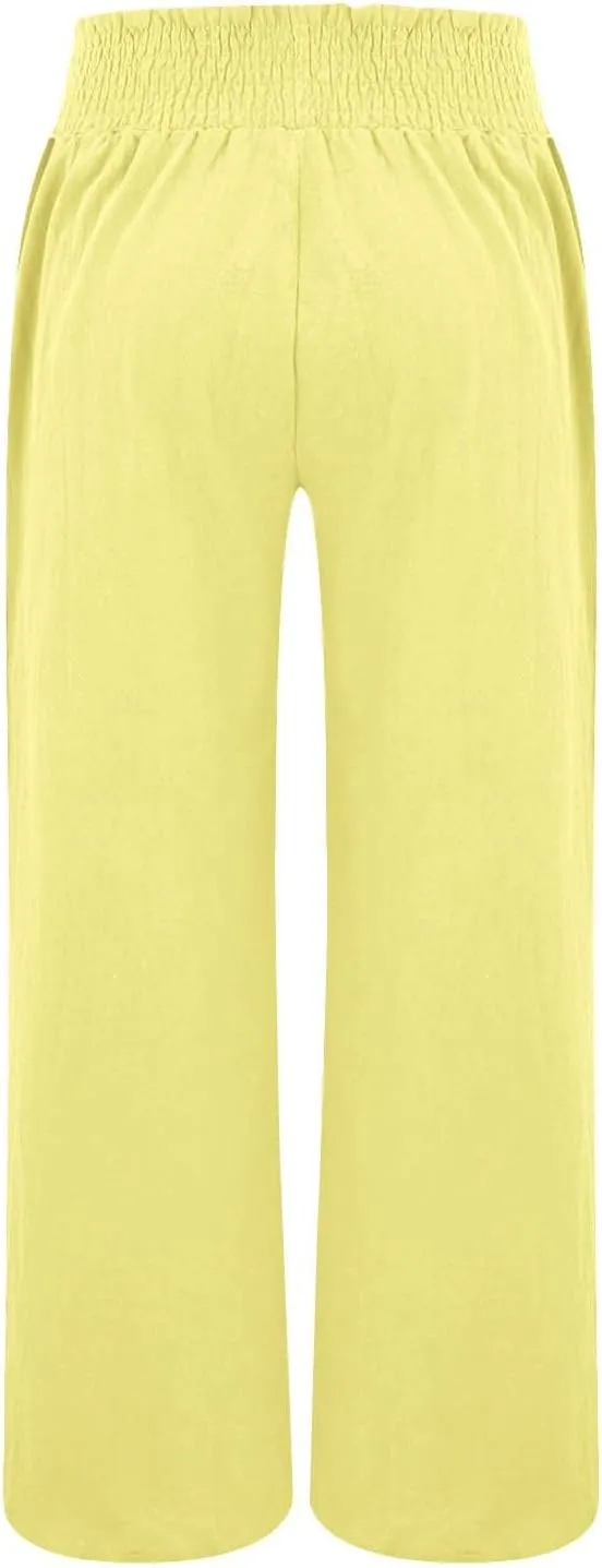 Women Casual Linen Palazzo Pants Fashion Pleated Stretch Waisted Boho Flowy Trousers Outdoor Sports Casual Sweatpants