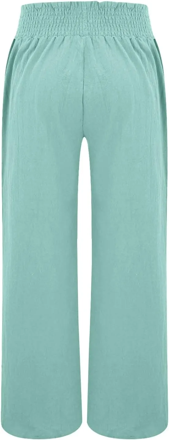 Women Casual Linen Palazzo Pants Fashion Pleated Stretch Waisted Boho Flowy Trousers Outdoor Sports Casual Sweatpants