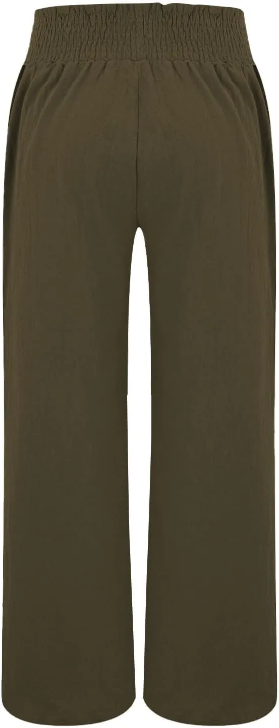 Women Casual Linen Palazzo Pants Fashion Pleated Stretch Waisted Boho Flowy Trousers Outdoor Sports Casual Sweatpants