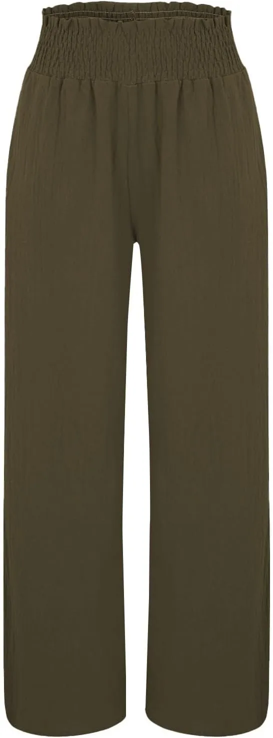 Women Casual Linen Palazzo Pants Fashion Pleated Stretch Waisted Boho Flowy Trousers Outdoor Sports Casual Sweatpants