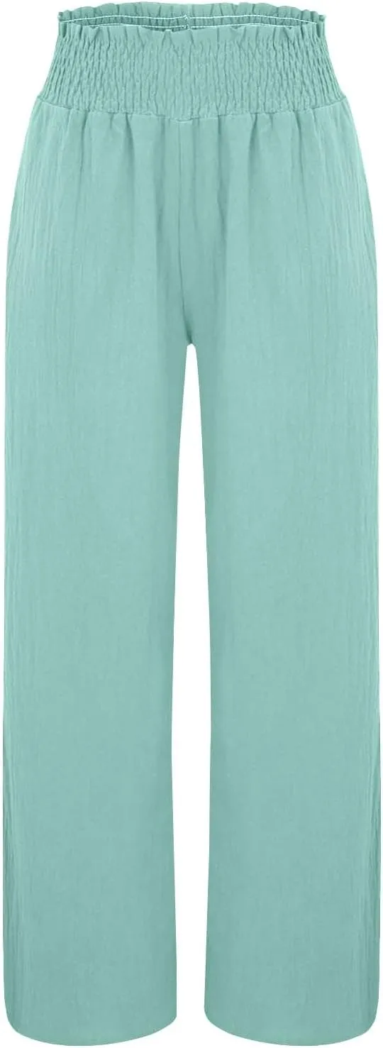 Women Casual Linen Palazzo Pants Fashion Pleated Stretch Waisted Boho Flowy Trousers Outdoor Sports Casual Sweatpants