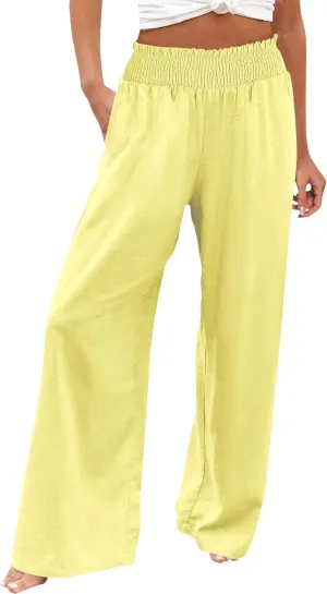 Women Casual Linen Palazzo Pants Fashion Pleated Stretch Waisted Boho Flowy Trousers Outdoor Sports Casual Sweatpants