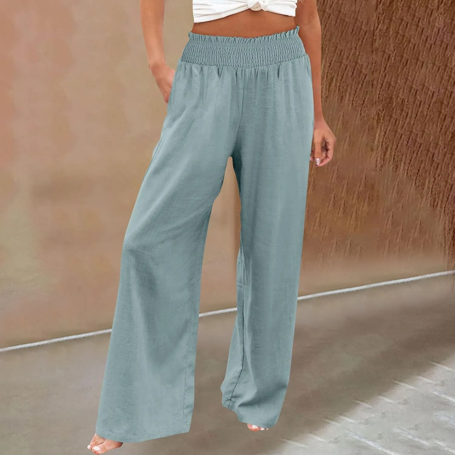 Women Casual Linen Palazzo Pants Fashion Pleated Stretch Waisted Boho Flowy Trousers Outdoor Sports Casual Sweatpants