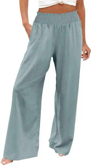 Women Casual Linen Palazzo Pants Fashion Pleated Stretch Waisted Boho Flowy Trousers Outdoor Sports Casual Sweatpants