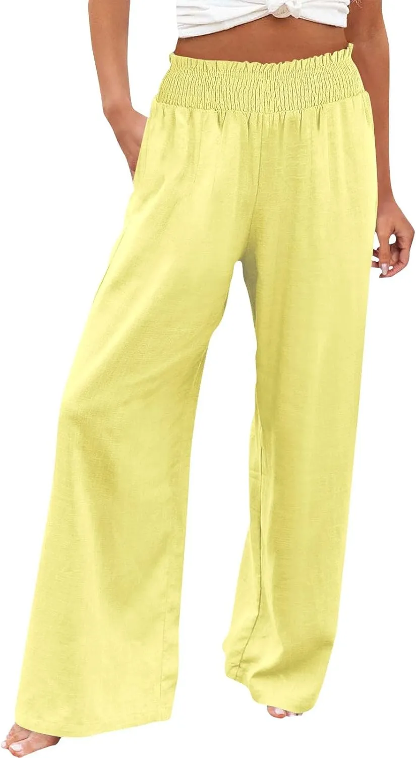 Women Casual Linen Palazzo Pants Fashion Pleated Stretch Waisted Boho Flowy Trousers Outdoor Sports Casual Sweatpants