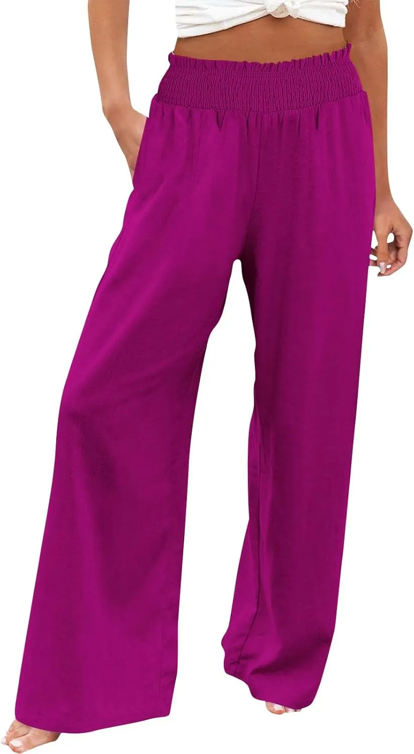 Women Casual Linen Palazzo Pants Fashion Pleated Stretch Waisted Boho Flowy Trousers Outdoor Sports Casual Sweatpants