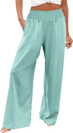 Women Casual Linen Palazzo Pants Fashion Pleated Stretch Waisted Boho Flowy Trousers Outdoor Sports Casual Sweatpants