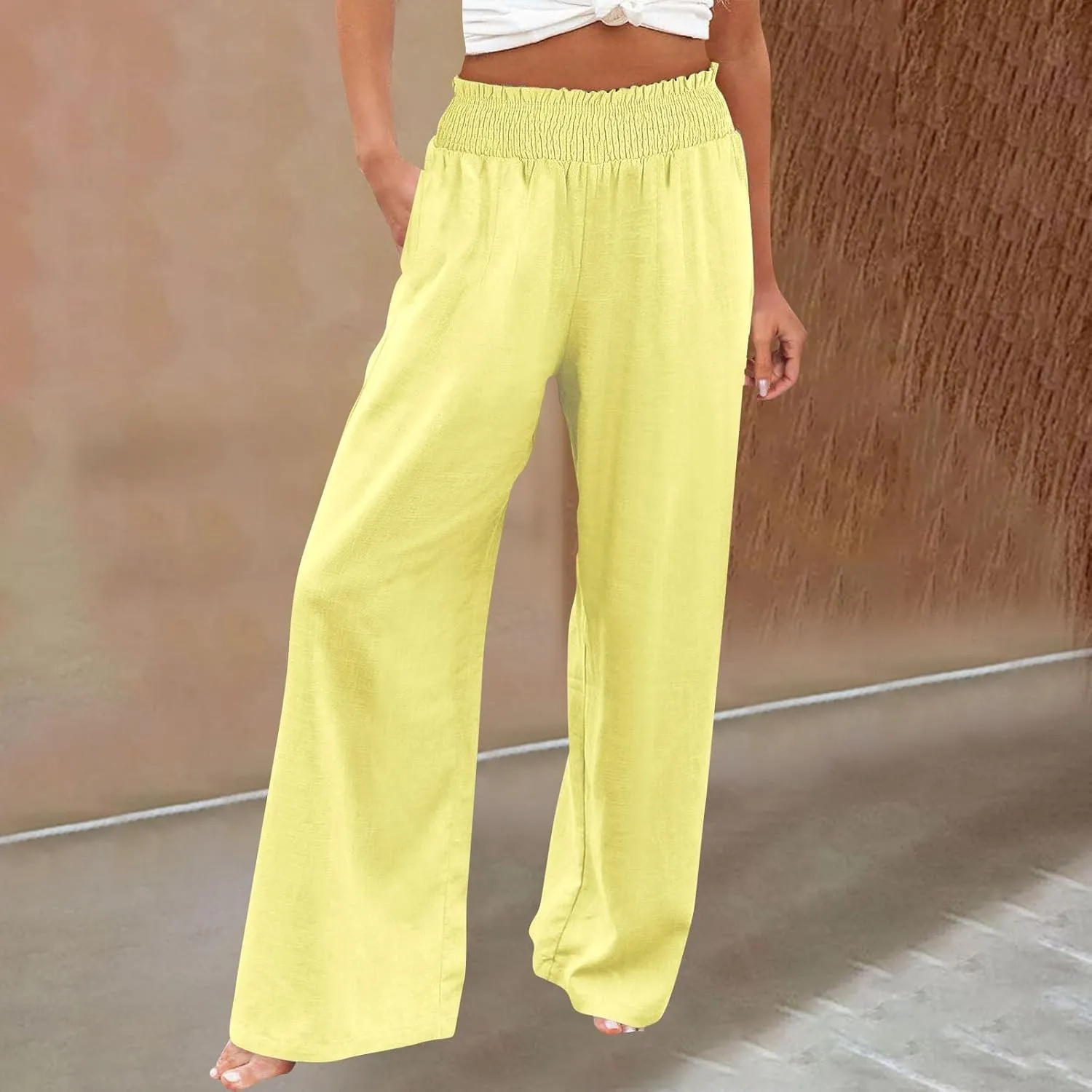 Women Casual Linen Palazzo Pants Fashion Pleated Stretch Waisted Boho Flowy Trousers Outdoor Sports Casual Sweatpants