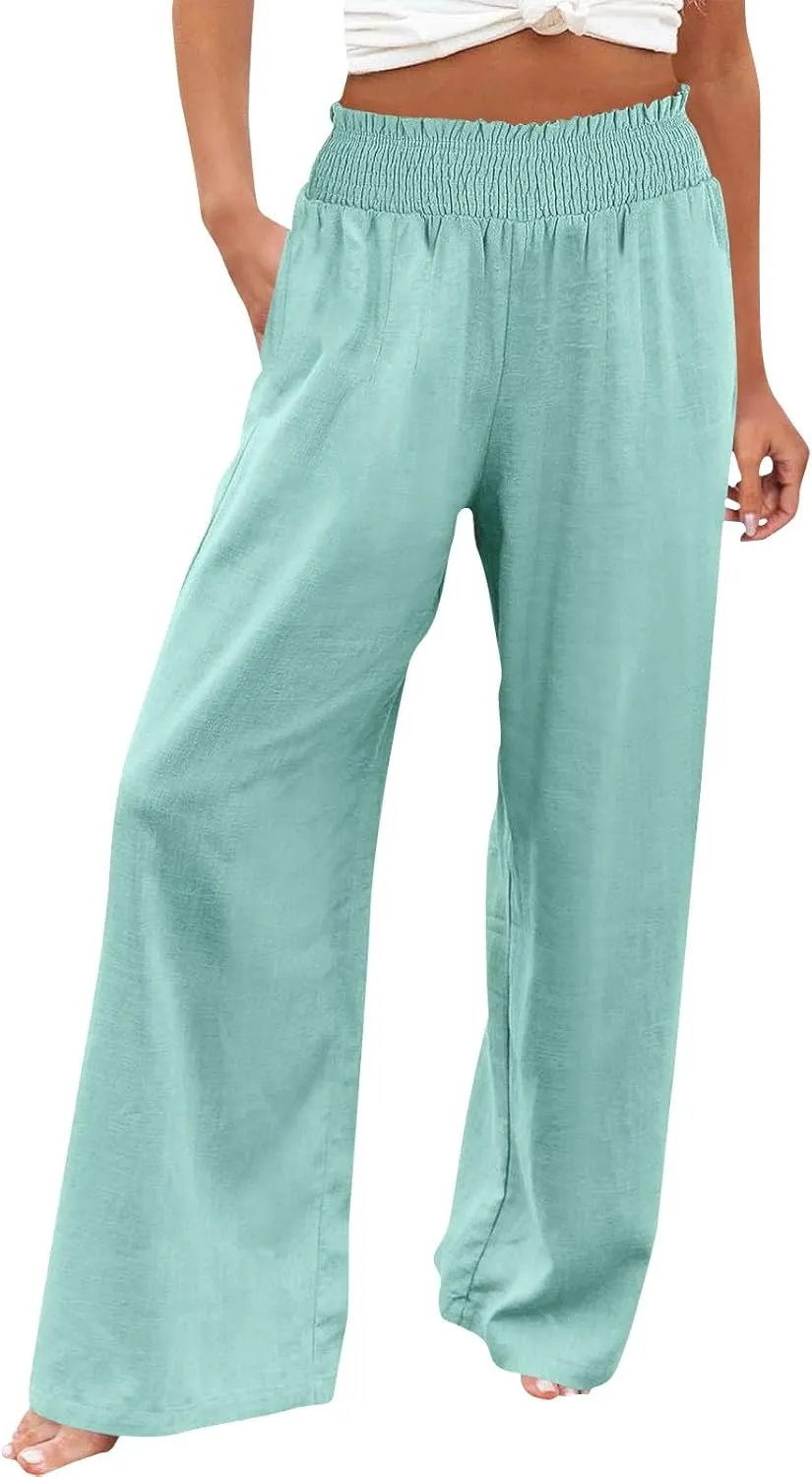 Women Casual Linen Palazzo Pants Fashion Pleated Stretch Waisted Boho Flowy Trousers Outdoor Sports Casual Sweatpants
