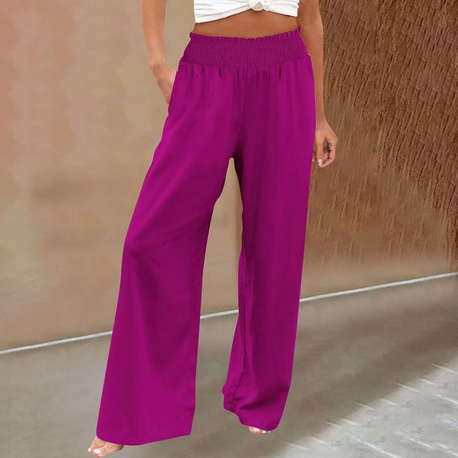 Women Casual Linen Palazzo Pants Fashion Pleated Stretch Waisted Boho Flowy Trousers Outdoor Sports Casual Sweatpants
