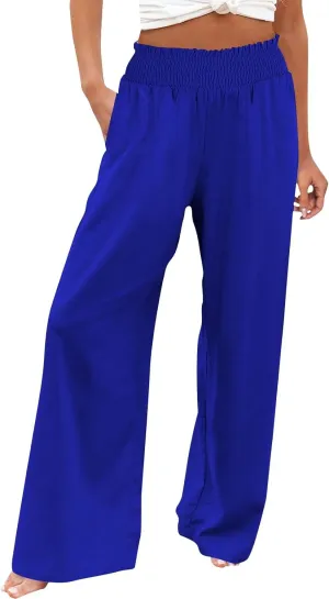Women Casual Linen Palazzo Pants Fashion Pleated Stretch Waisted Boho Flowy Trousers Outdoor Sports Casual Sweatpants