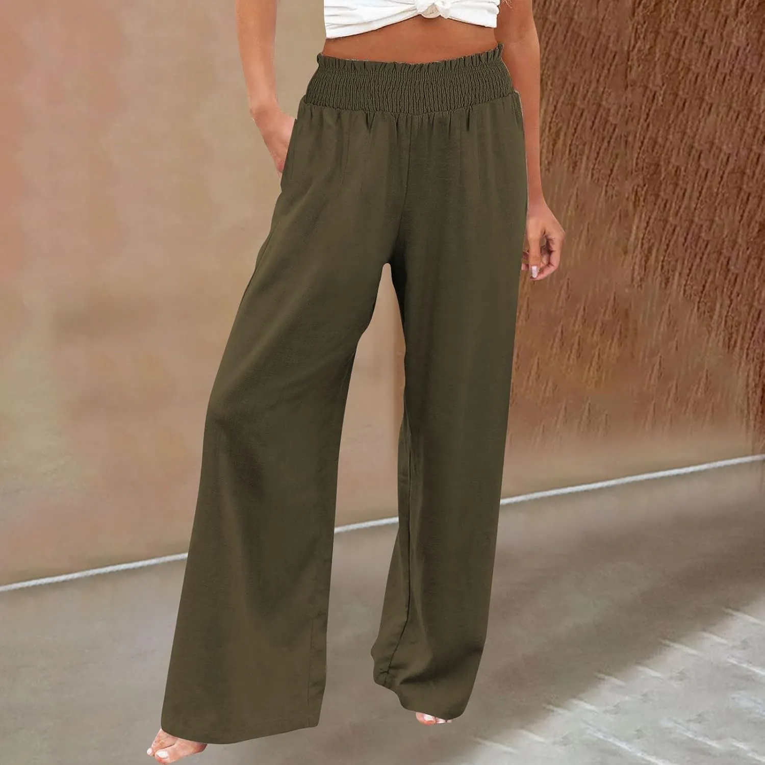 Women Casual Linen Palazzo Pants Fashion Pleated Stretch Waisted Boho Flowy Trousers Outdoor Sports Casual Sweatpants