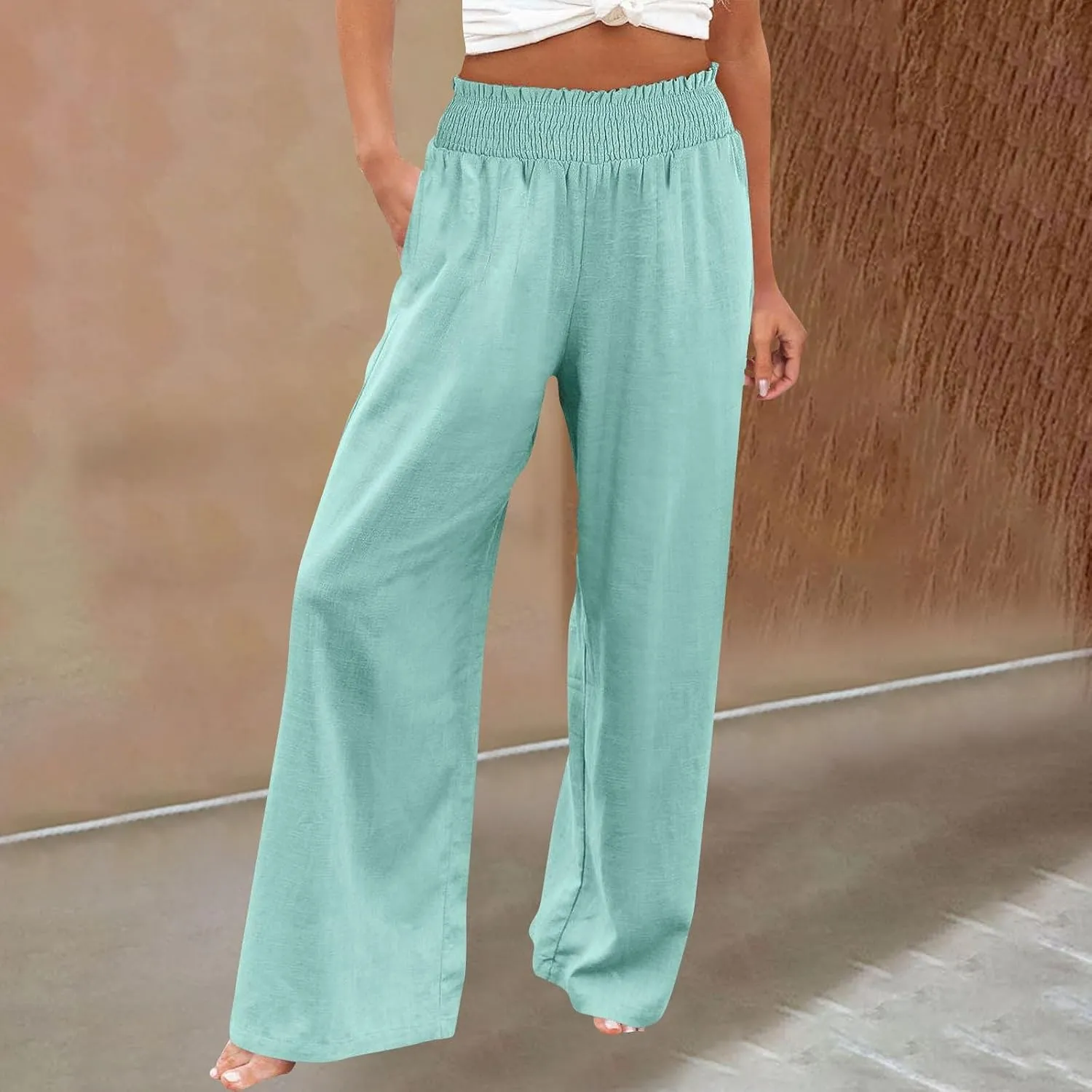 Women Casual Linen Palazzo Pants Fashion Pleated Stretch Waisted Boho Flowy Trousers Outdoor Sports Casual Sweatpants