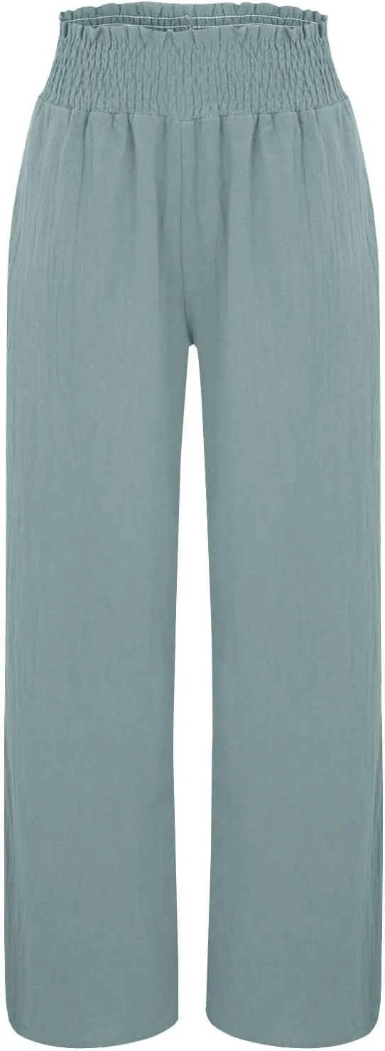 Women Casual Linen Palazzo Pants Fashion Pleated Stretch Waisted Boho Flowy Trousers Outdoor Sports Casual Sweatpants
