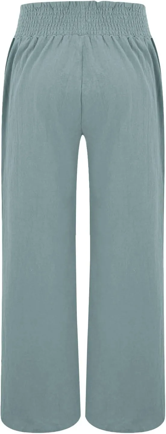 Women Casual Linen Palazzo Pants Fashion Pleated Stretch Waisted Boho Flowy Trousers Outdoor Sports Casual Sweatpants