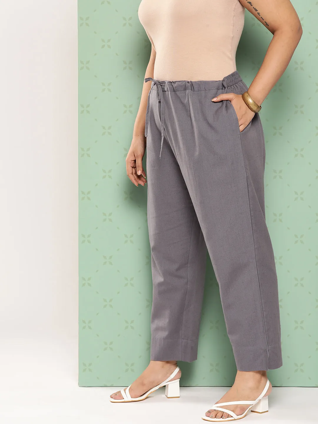 Women Plus Size Grey Cotton Trouser