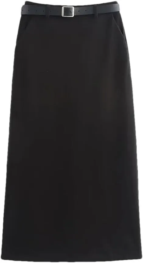 Women's Casual Elegant Slim Fit Skirt High Waist Pleated Solid Skirts with Belt