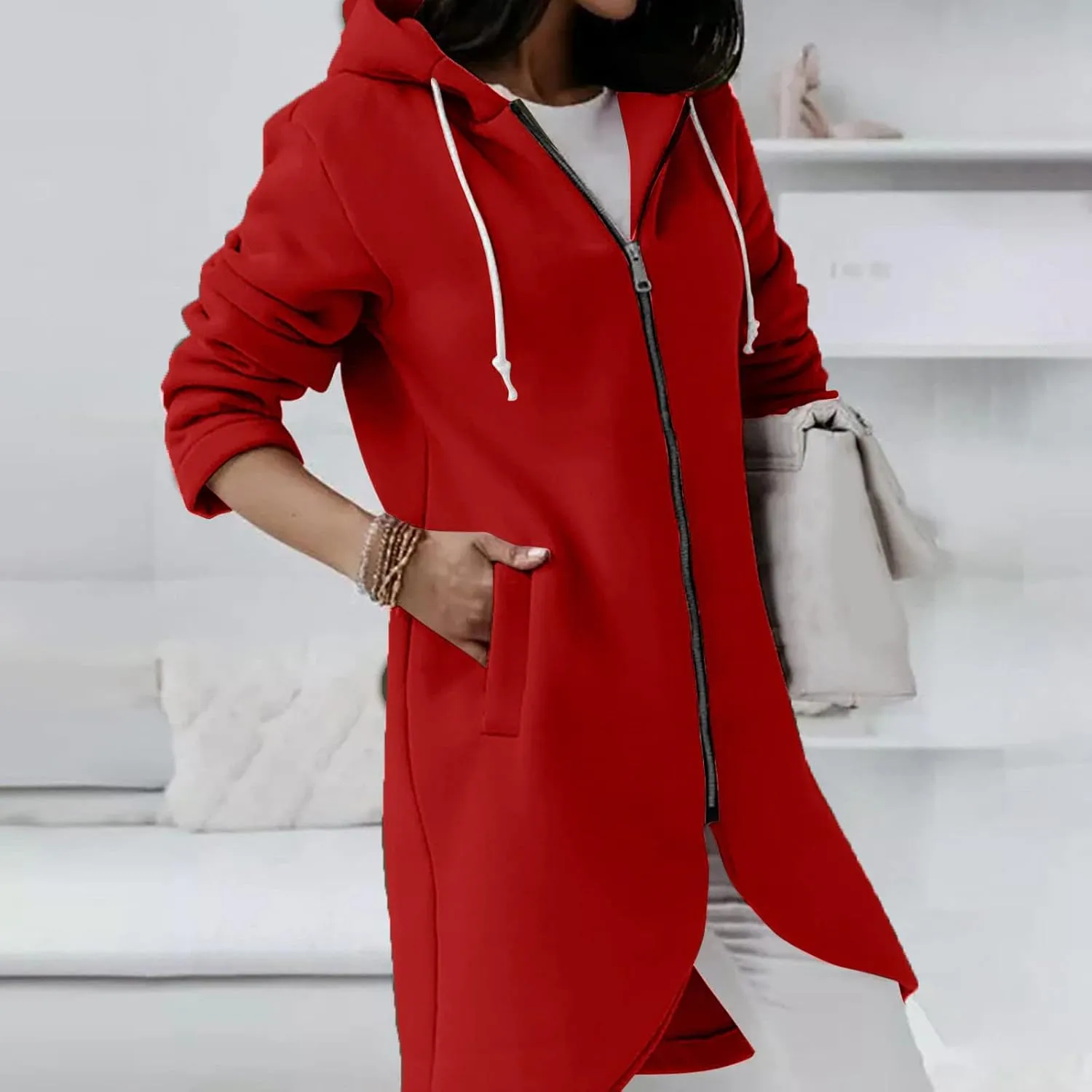 Womens Casual Zip Up Hoodies Casual Lightweight Long Fleece Jacket Oversize Fall Winter Hooded Sweatshirt With Pockets