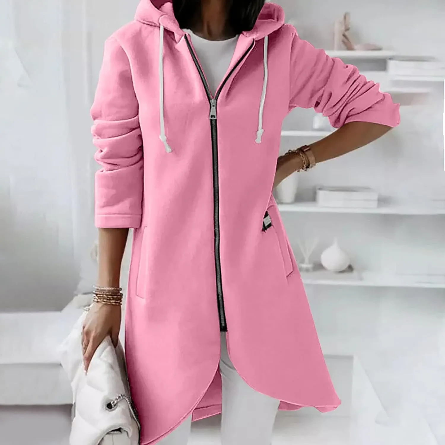Womens Casual Zip Up Hoodies Casual Lightweight Long Fleece Jacket Oversize Fall Winter Hooded Sweatshirt With Pockets