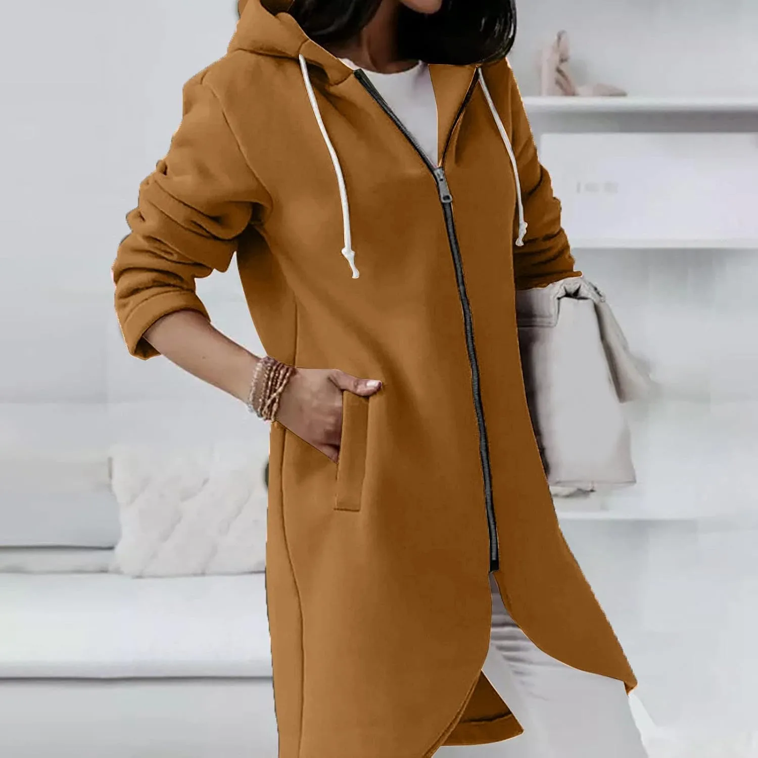 Womens Casual Zip Up Hoodies Casual Lightweight Long Fleece Jacket Oversize Fall Winter Hooded Sweatshirt With Pockets