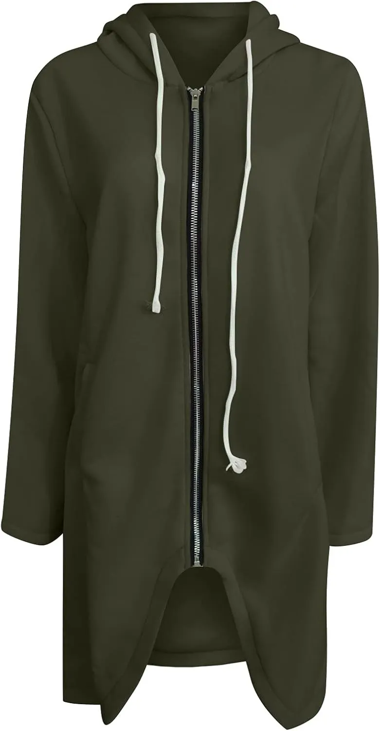 Womens Casual Zip Up Hoodies Casual Lightweight Long Fleece Jacket Oversize Fall Winter Hooded Sweatshirt With Pockets