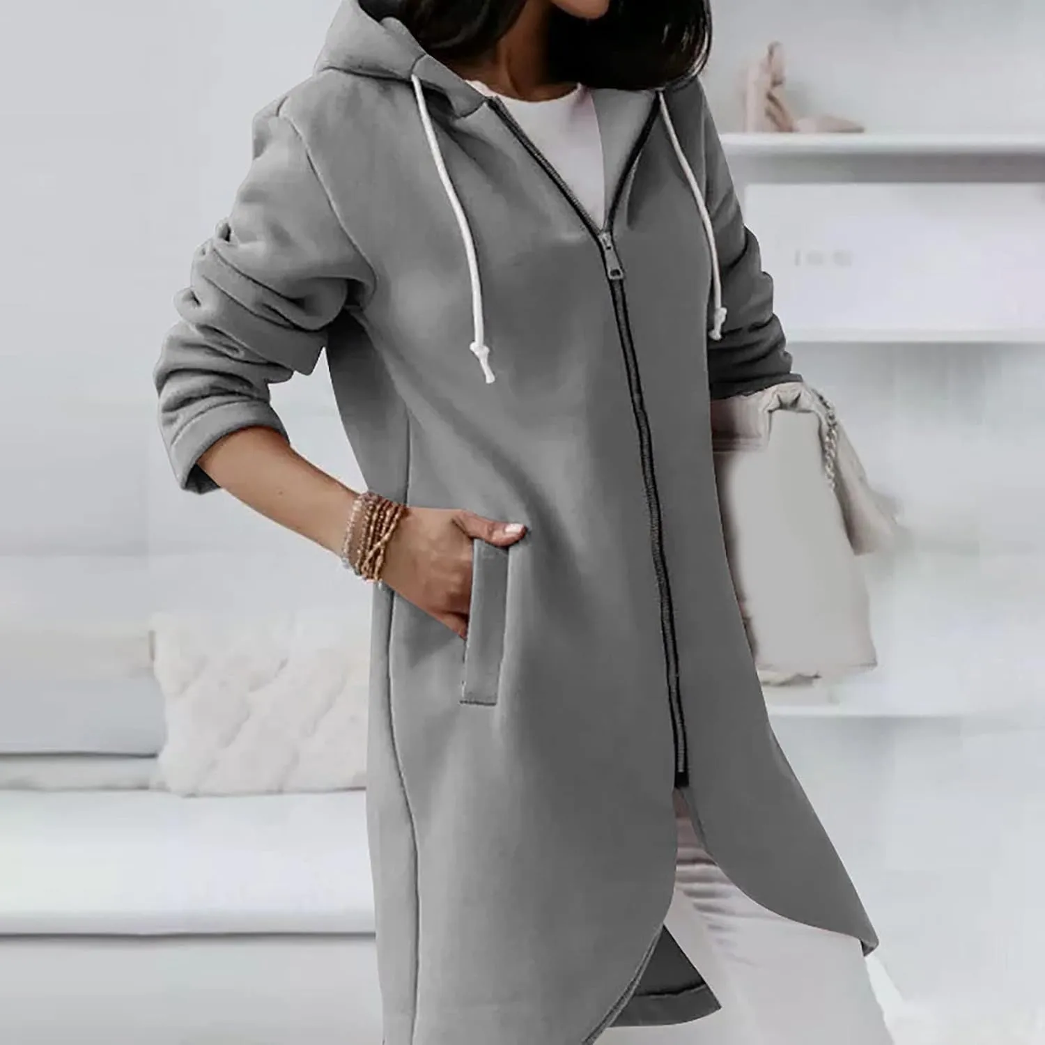 Womens Casual Zip Up Hoodies Casual Lightweight Long Fleece Jacket Oversize Fall Winter Hooded Sweatshirt With Pockets