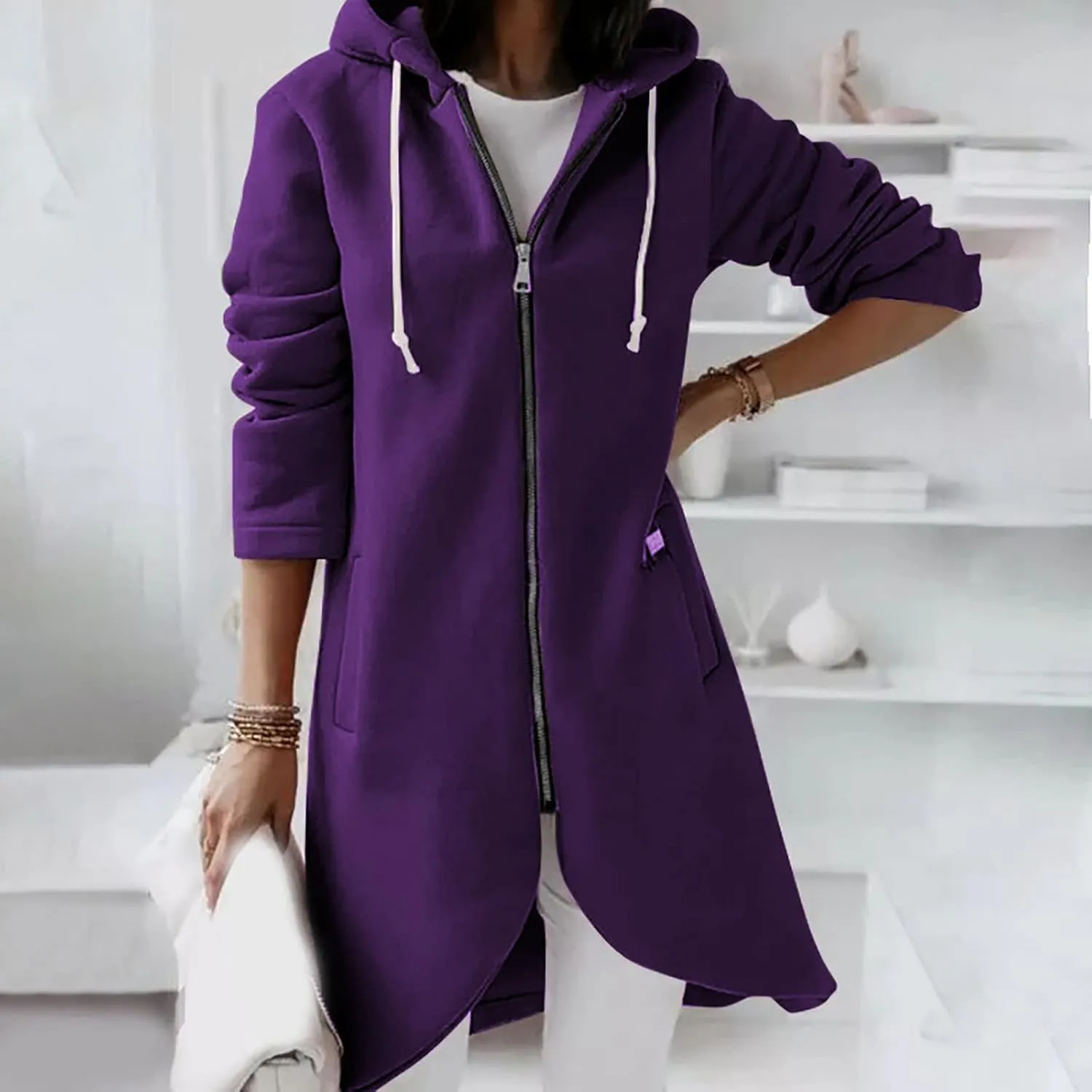 Womens Casual Zip Up Hoodies Casual Lightweight Long Fleece Jacket Oversize Fall Winter Hooded Sweatshirt With Pockets