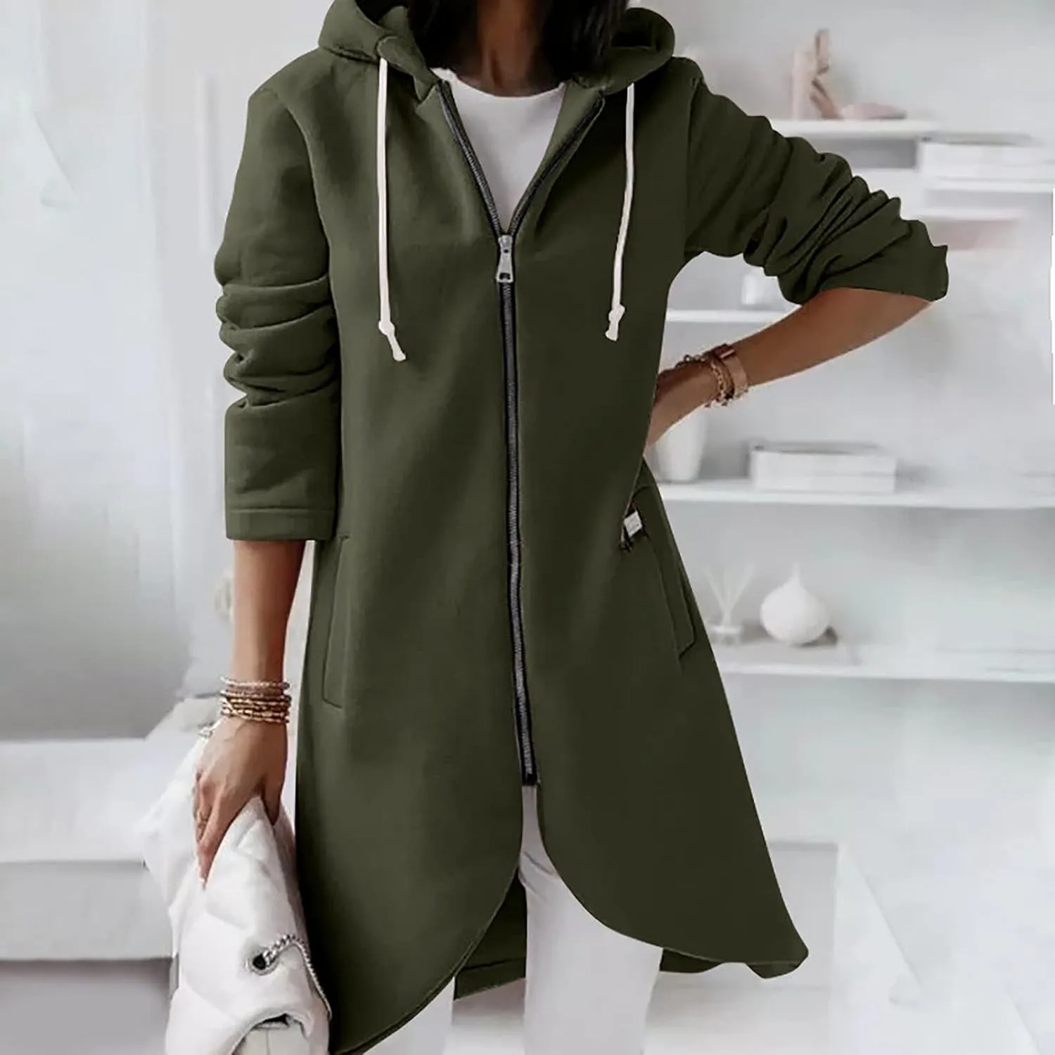 Womens Casual Zip Up Hoodies Casual Lightweight Long Fleece Jacket Oversize Fall Winter Hooded Sweatshirt With Pockets