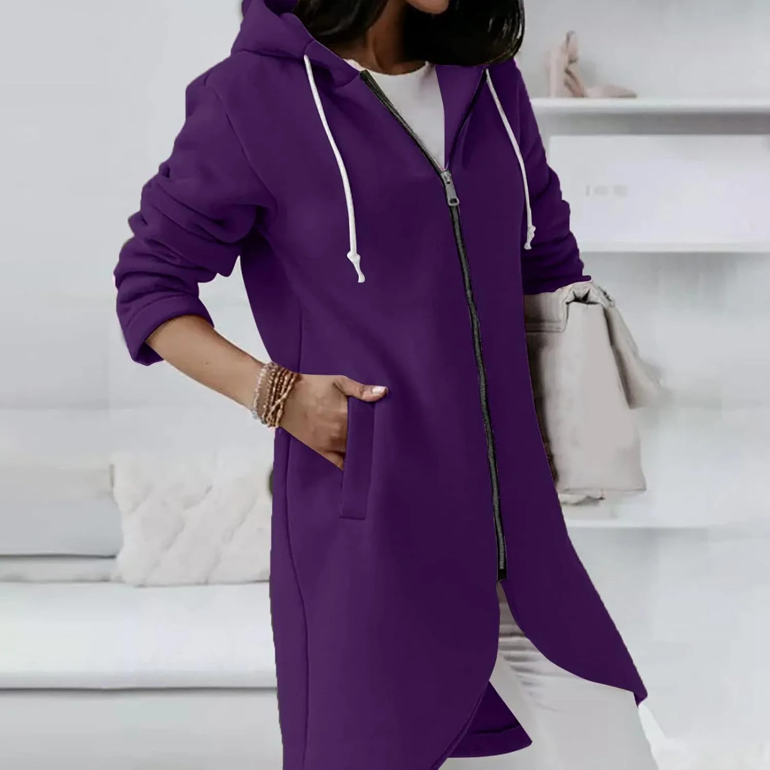 Womens Casual Zip Up Hoodies Casual Lightweight Long Fleece Jacket Oversize Fall Winter Hooded Sweatshirt With Pockets