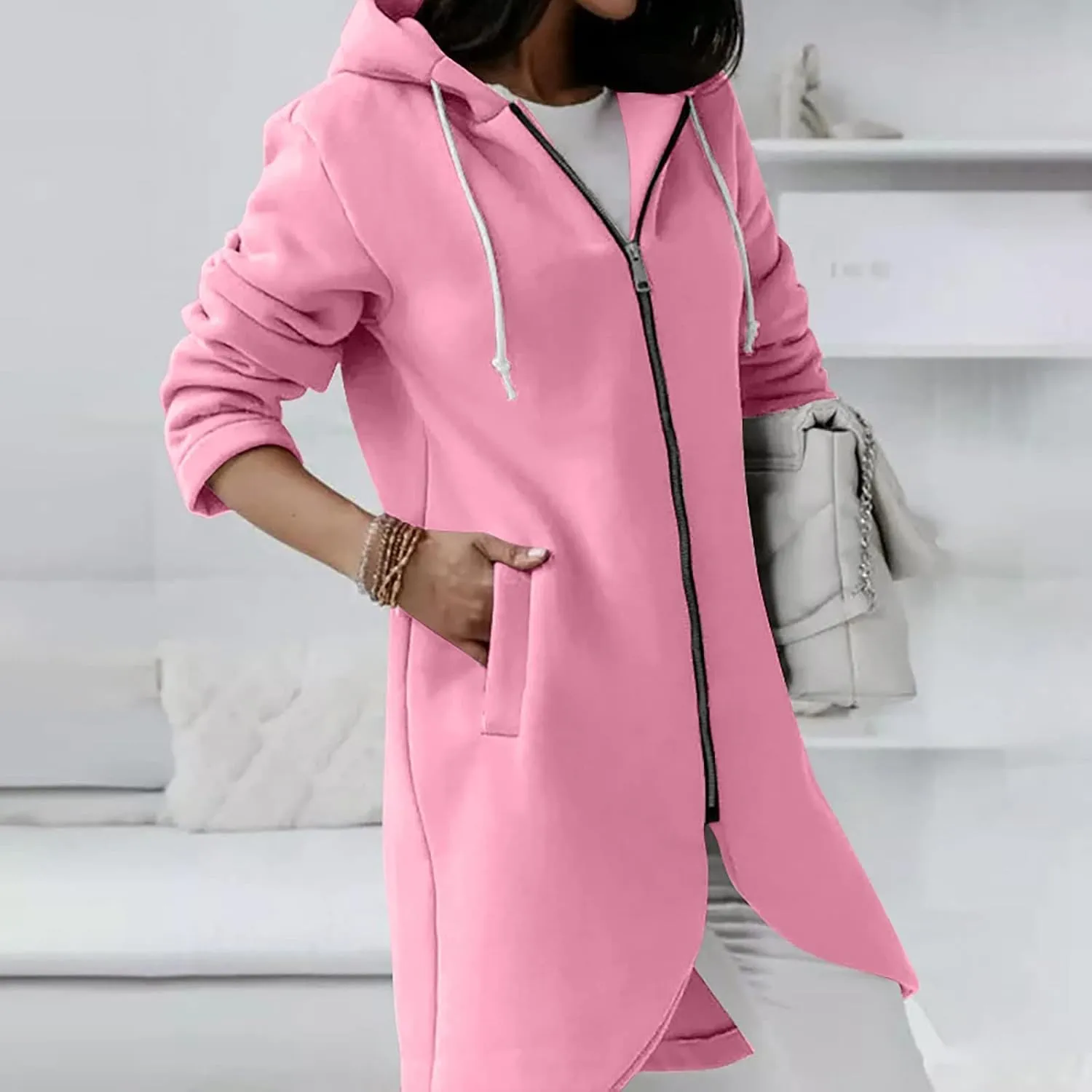 Womens Casual Zip Up Hoodies Casual Lightweight Long Fleece Jacket Oversize Fall Winter Hooded Sweatshirt With Pockets